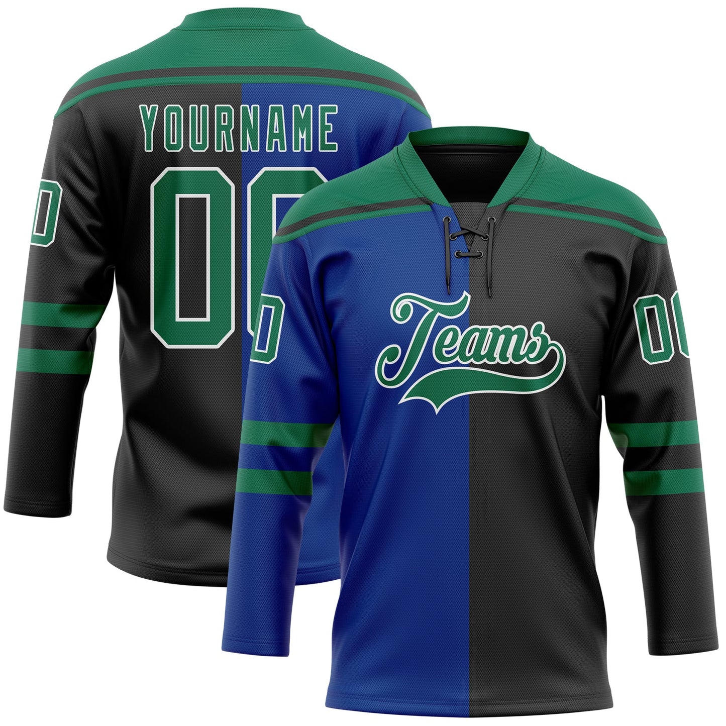 Custom Black Kelly Green Royal-White Split Fashion Hockey Lace Neck Jersey - Main View