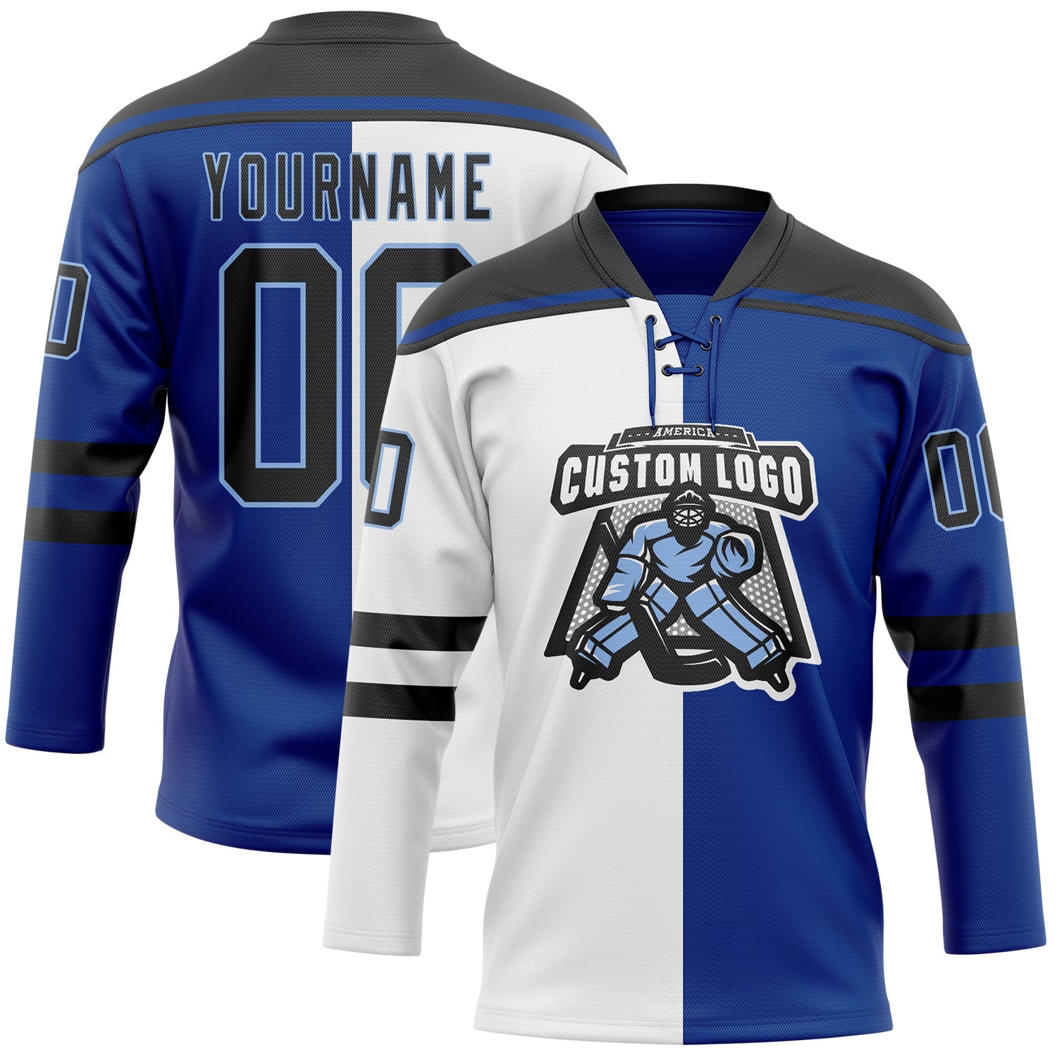 Custom Royal Black White-Light Blue Split Fashion Hockey Lace Neck Jersey view 2
