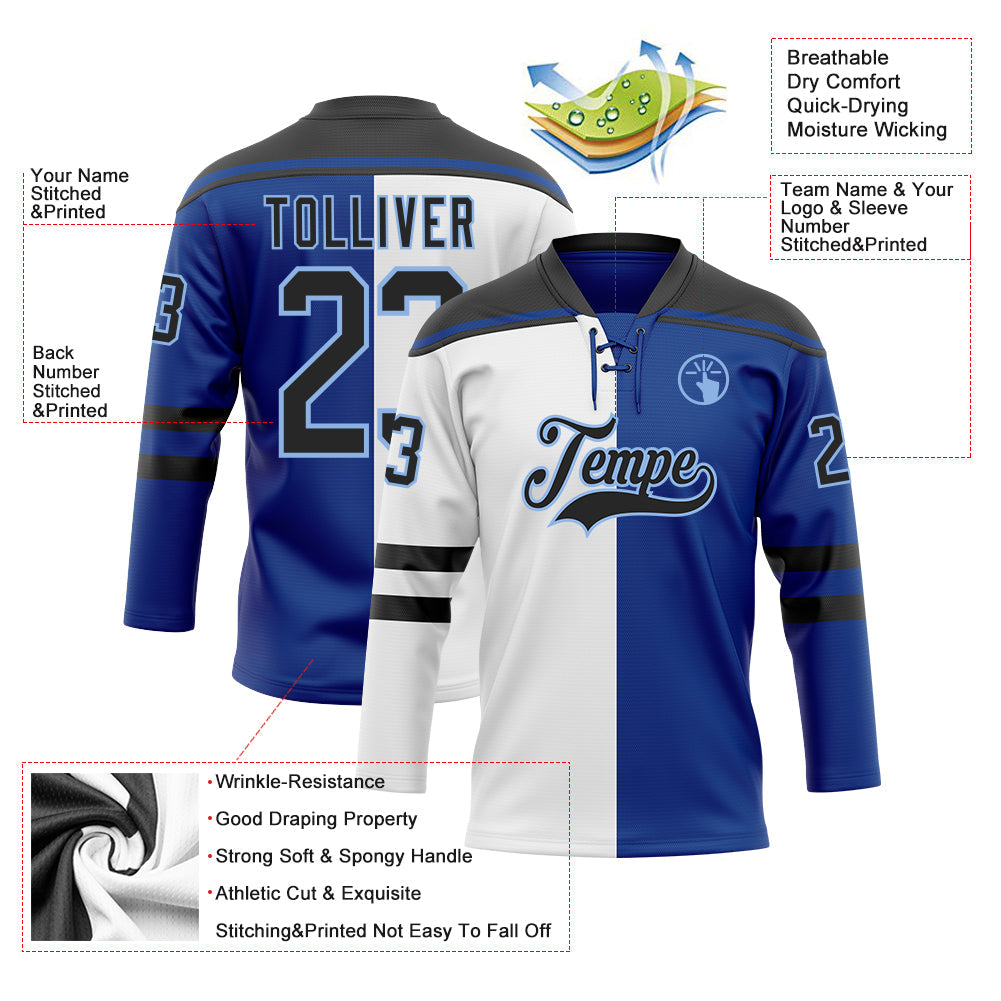 Custom Royal Black White-Light Blue Split Fashion Hockey Lace Neck Jersey view 5