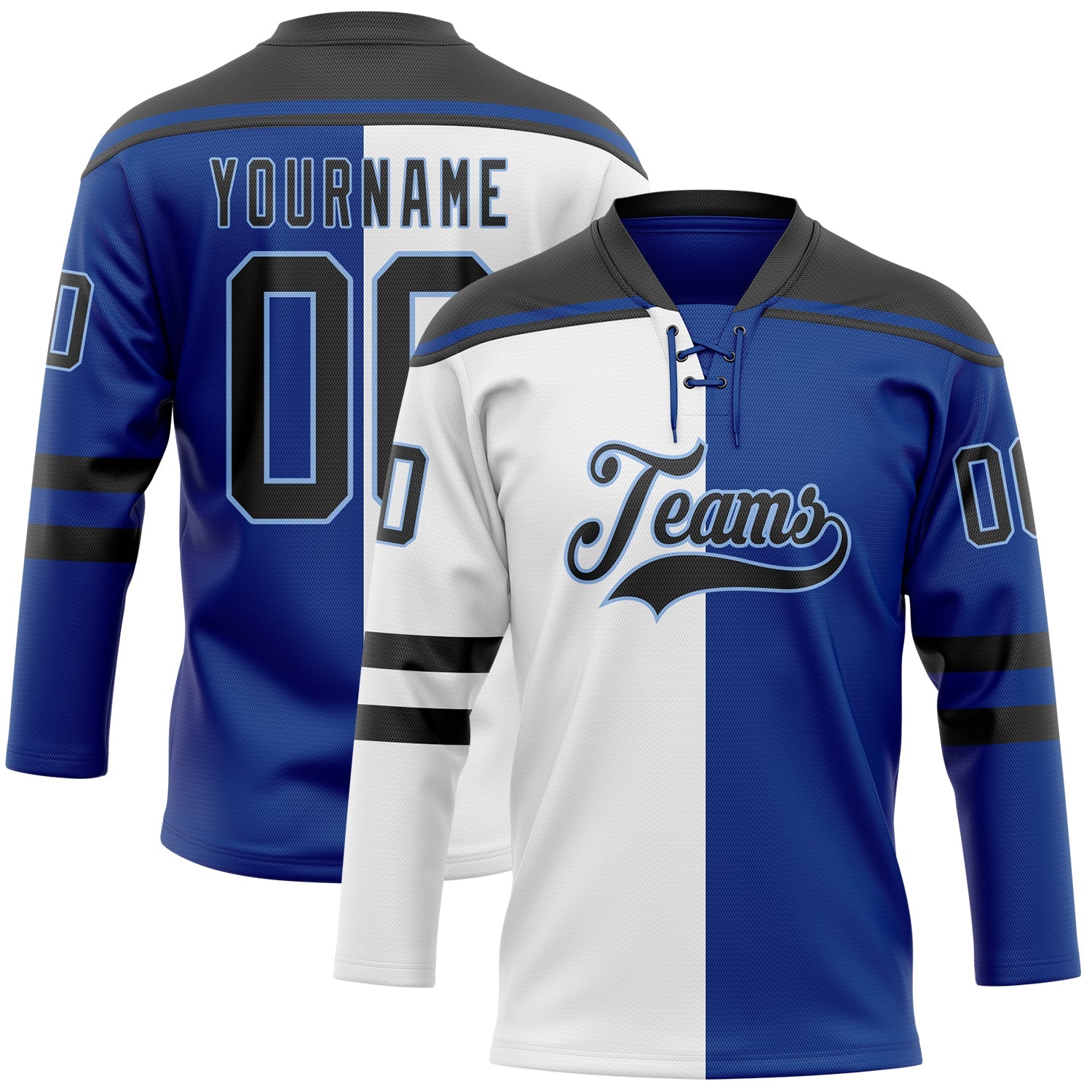 Custom Royal Black White-Light Blue Split Fashion Hockey Lace Neck Jersey - Main View