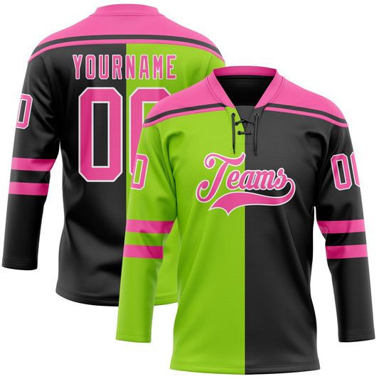 Custom Black Pink Neon Green-White Split Fashion Hockey Lace Neck Jersey - Main View