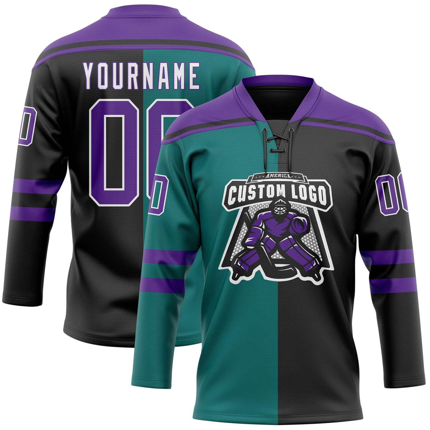 Custom Black Purple Teal-White Split Fashion Hockey Lace Neck Jersey view 2