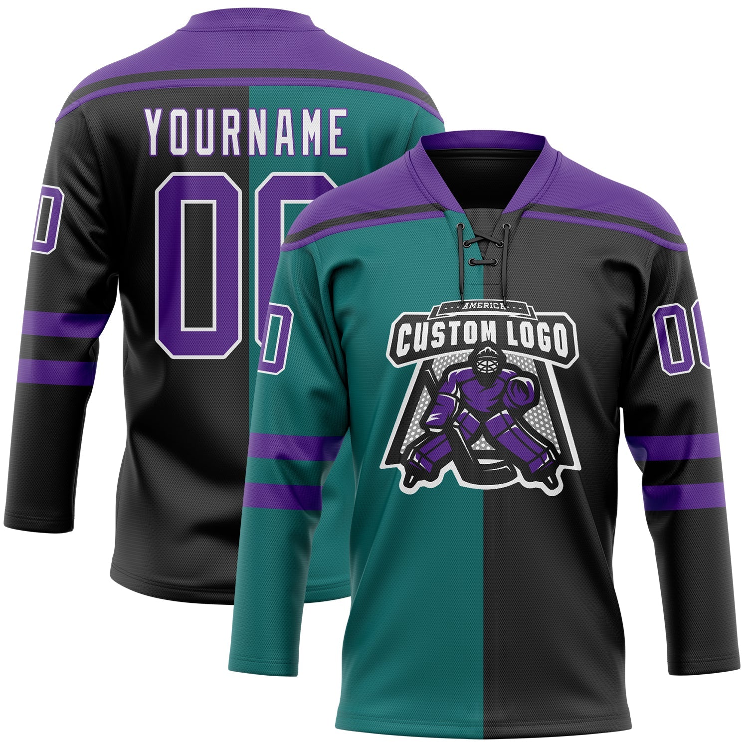 Custom Black Purple Teal-White Split Fashion Hockey Lace Neck Jersey view 2