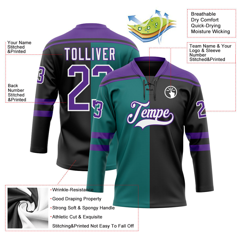 Custom Black Purple Teal-White Split Fashion Hockey Lace Neck Jersey view 5