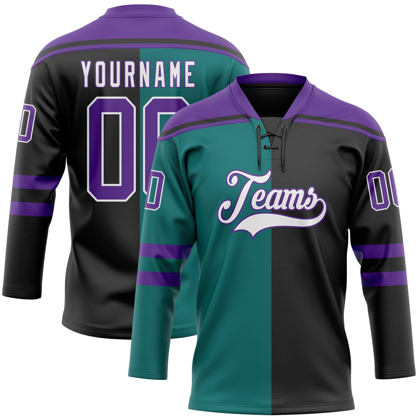 Custom Black Purple Teal-White Split Fashion Hockey Lace Neck Jersey - Main View
