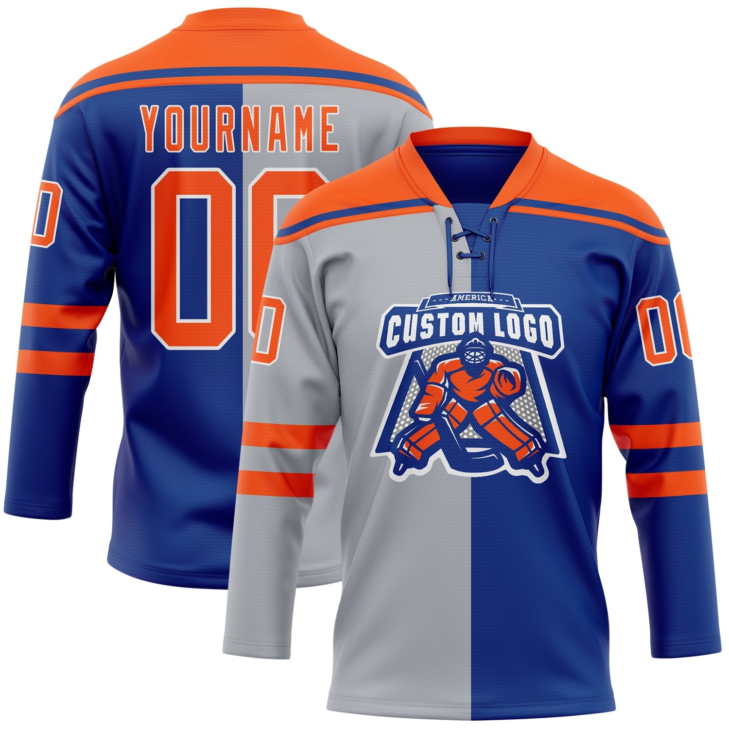 Custom Royal Orange Gray-White Split Fashion Hockey Lace Neck Jersey view 2