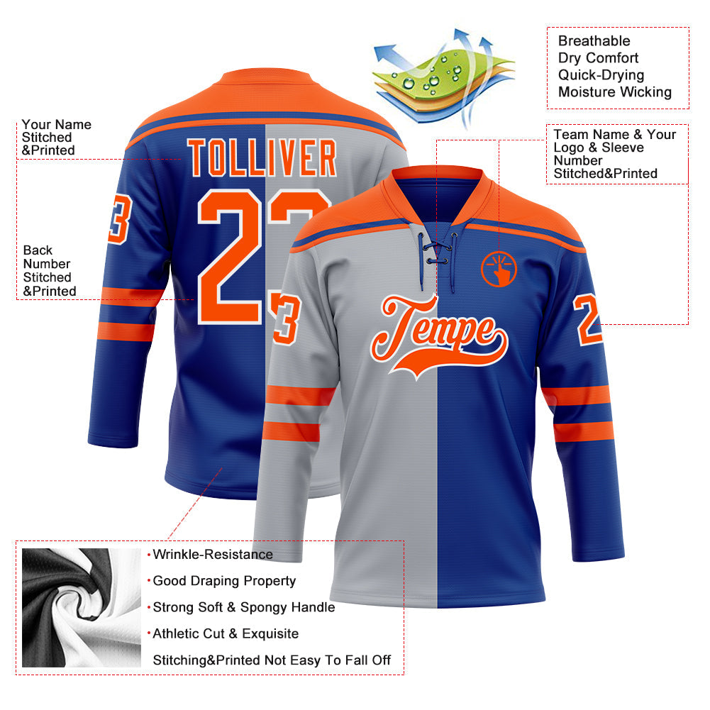 Custom Royal Orange Gray-White Split Fashion Hockey Lace Neck Jersey view 5