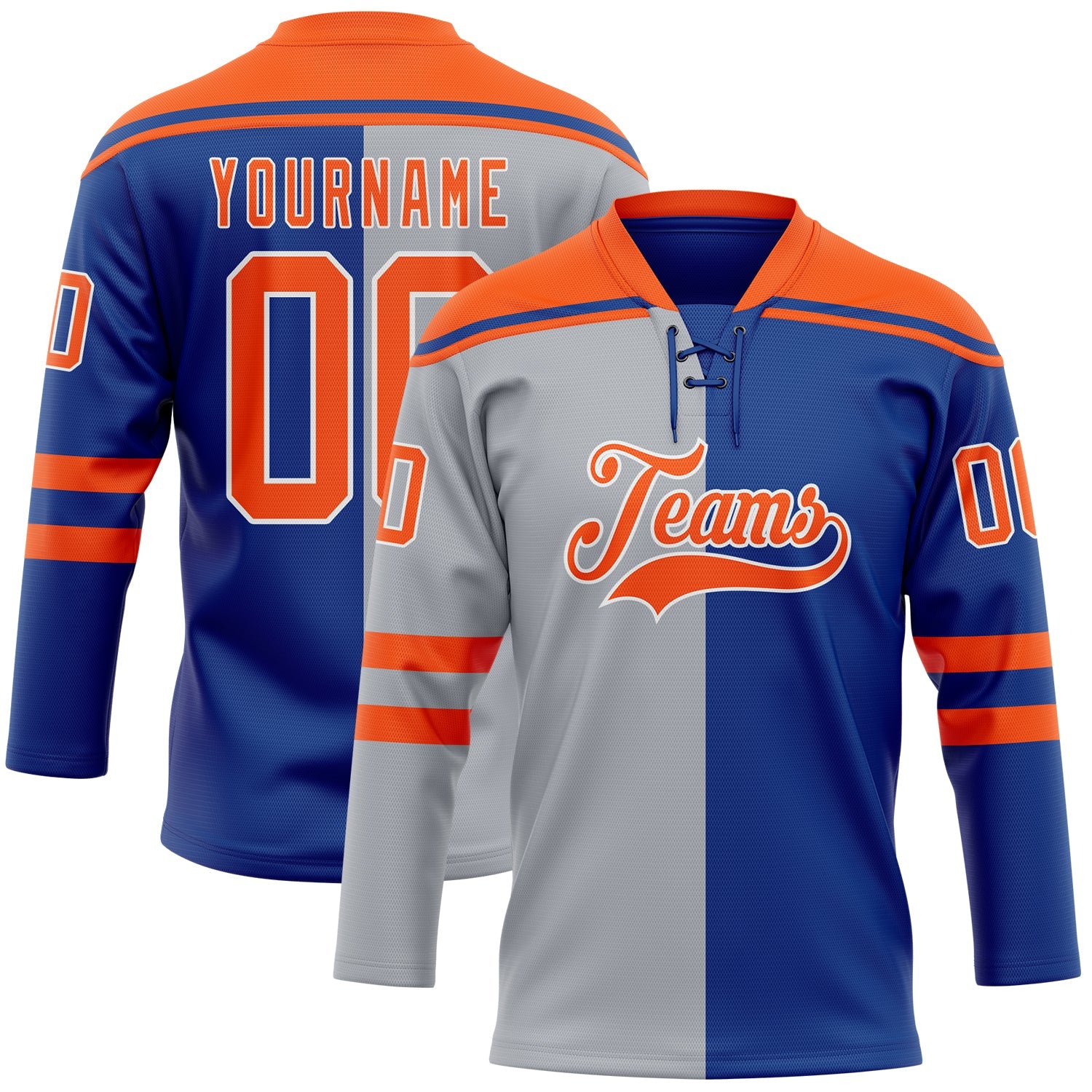 Custom Royal Orange Gray-White Split Fashion Hockey Lace Neck Jersey - Main View