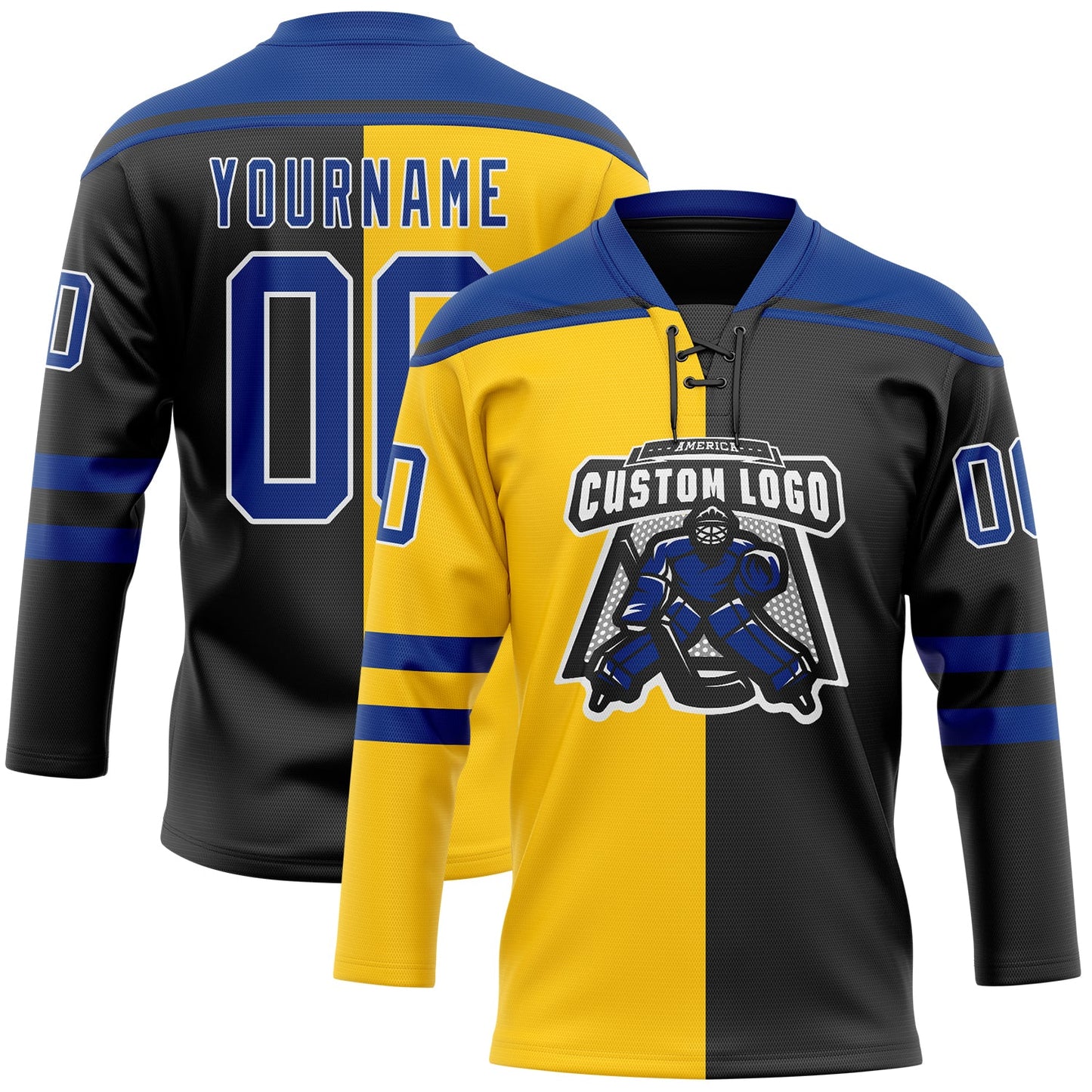 Custom Black Royal Yellow-White Split Fashion Hockey Lace Neck Jersey view 2