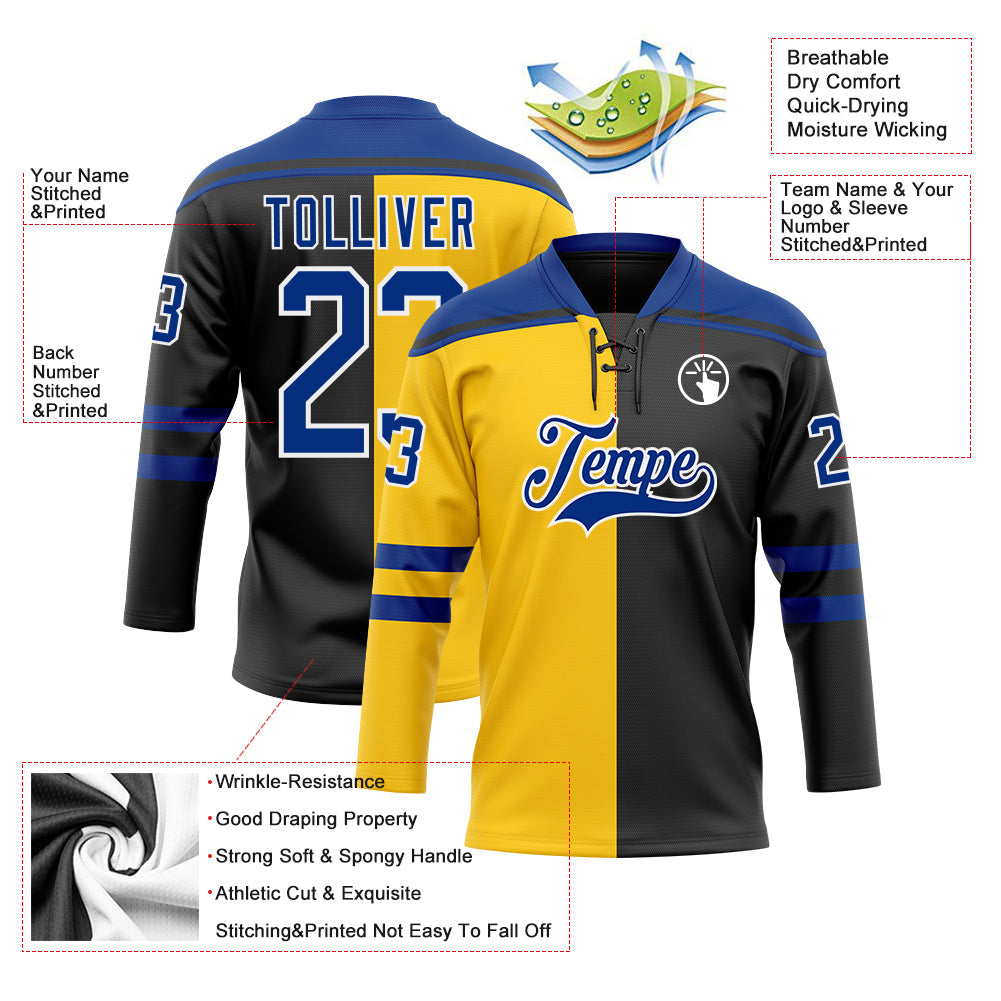 Custom Black Royal Yellow-White Split Fashion Hockey Lace Neck Jersey view 5