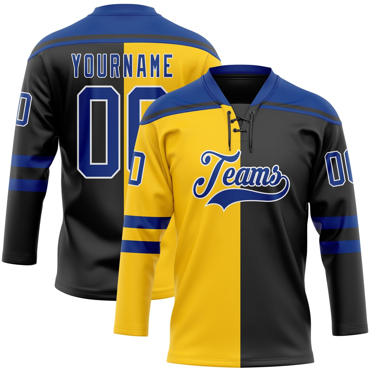 Custom Black Royal Yellow-White Split Fashion Hockey Lace Neck Jersey - Main View