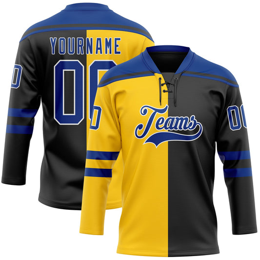 Custom Black Royal Yellow-White Split Fashion Hockey Lace Neck Jersey - Main View