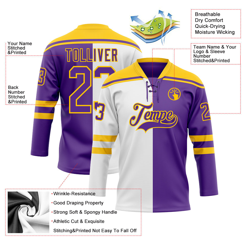 Custom Purple White-Yellow Split Fashion Hockey Lace Neck Jersey view 5