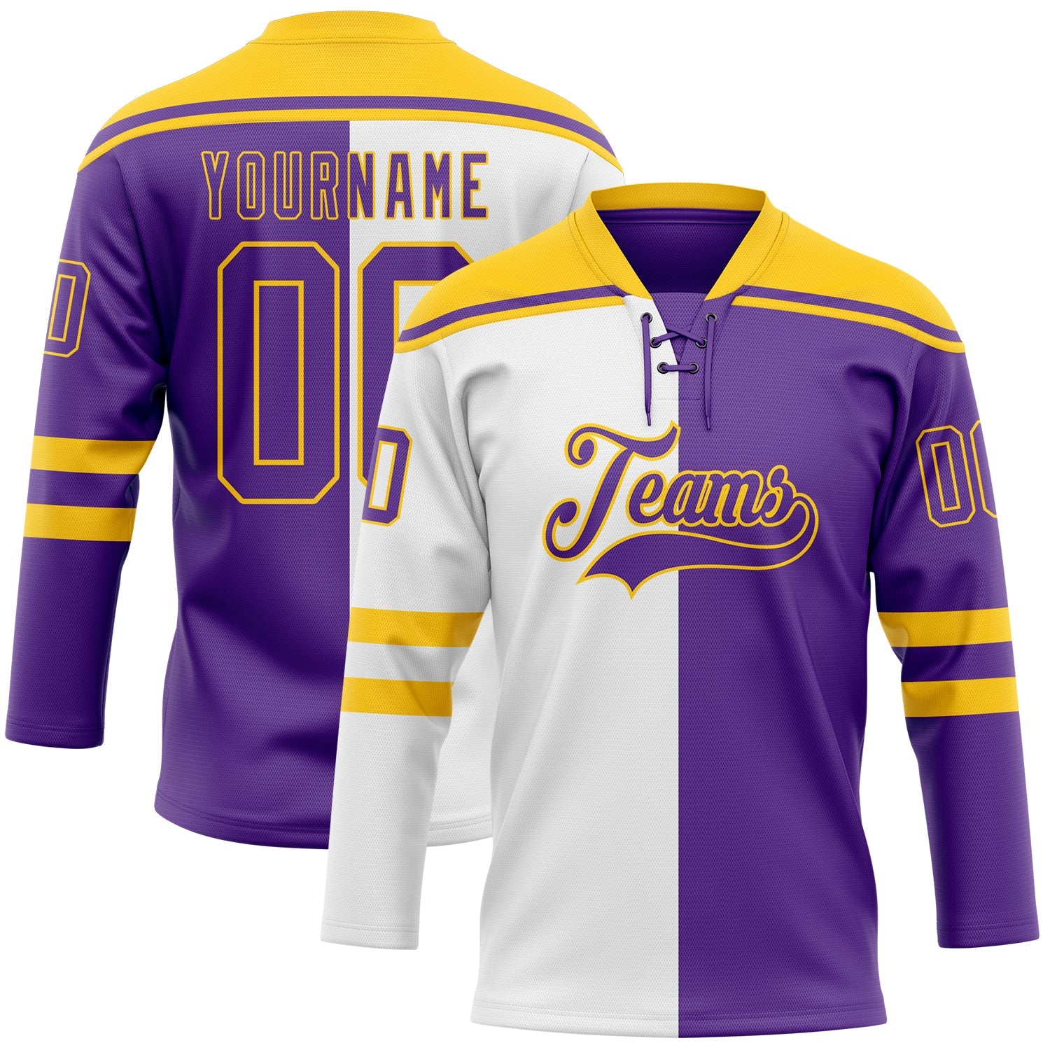 Custom Purple White-Yellow Split Fashion Hockey Lace Neck Jersey - Main View