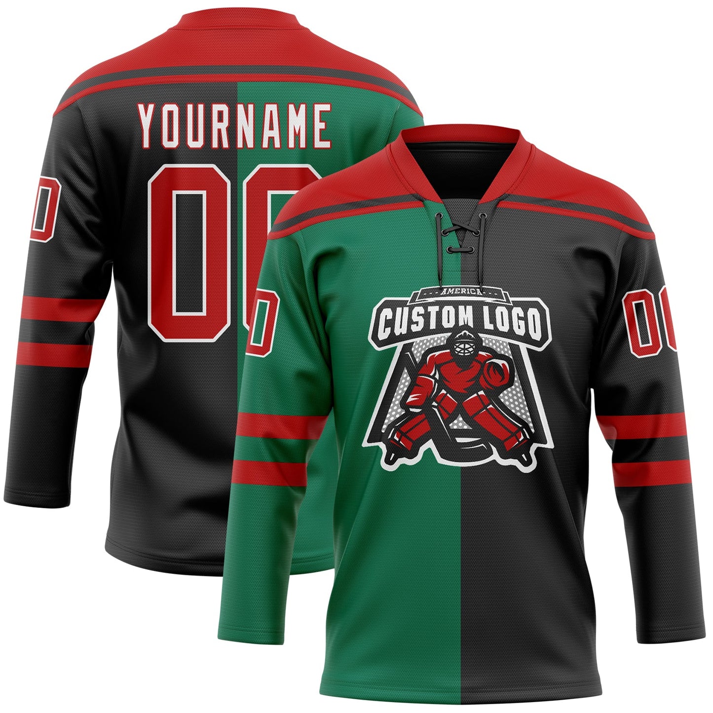 Custom Black Red Kelly Green-White Split Fashion Hockey Lace Neck Jersey view 2