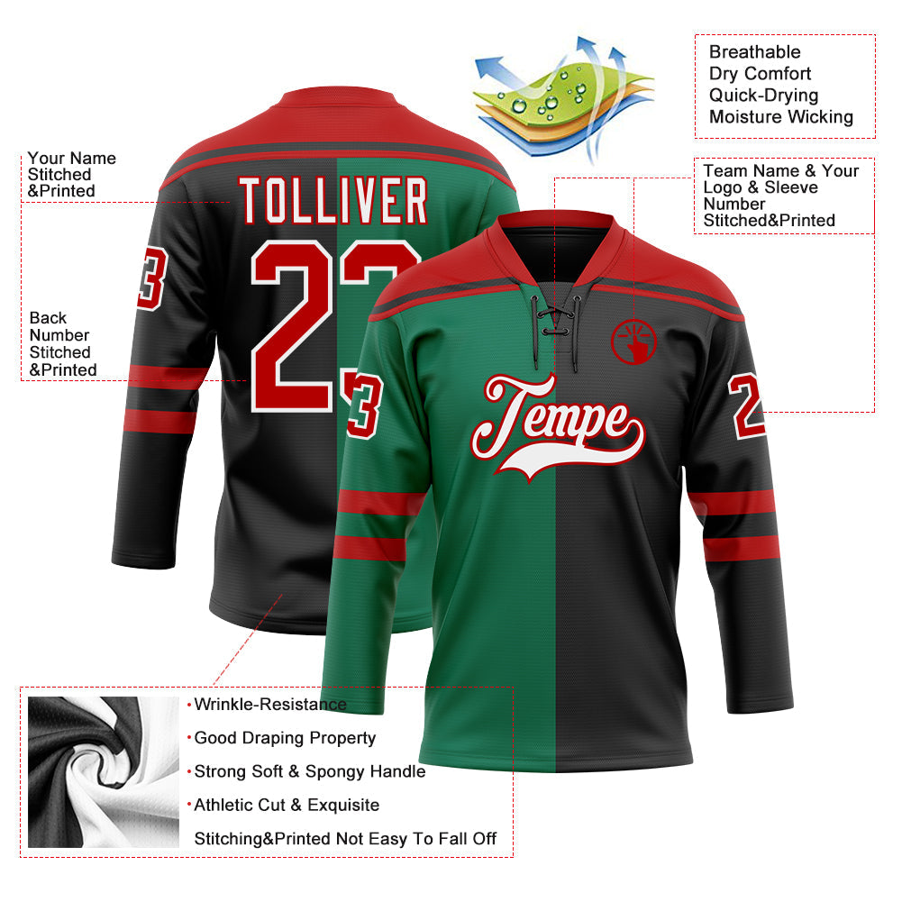 Custom Black Red Kelly Green-White Split Fashion Hockey Lace Neck Jersey view 5