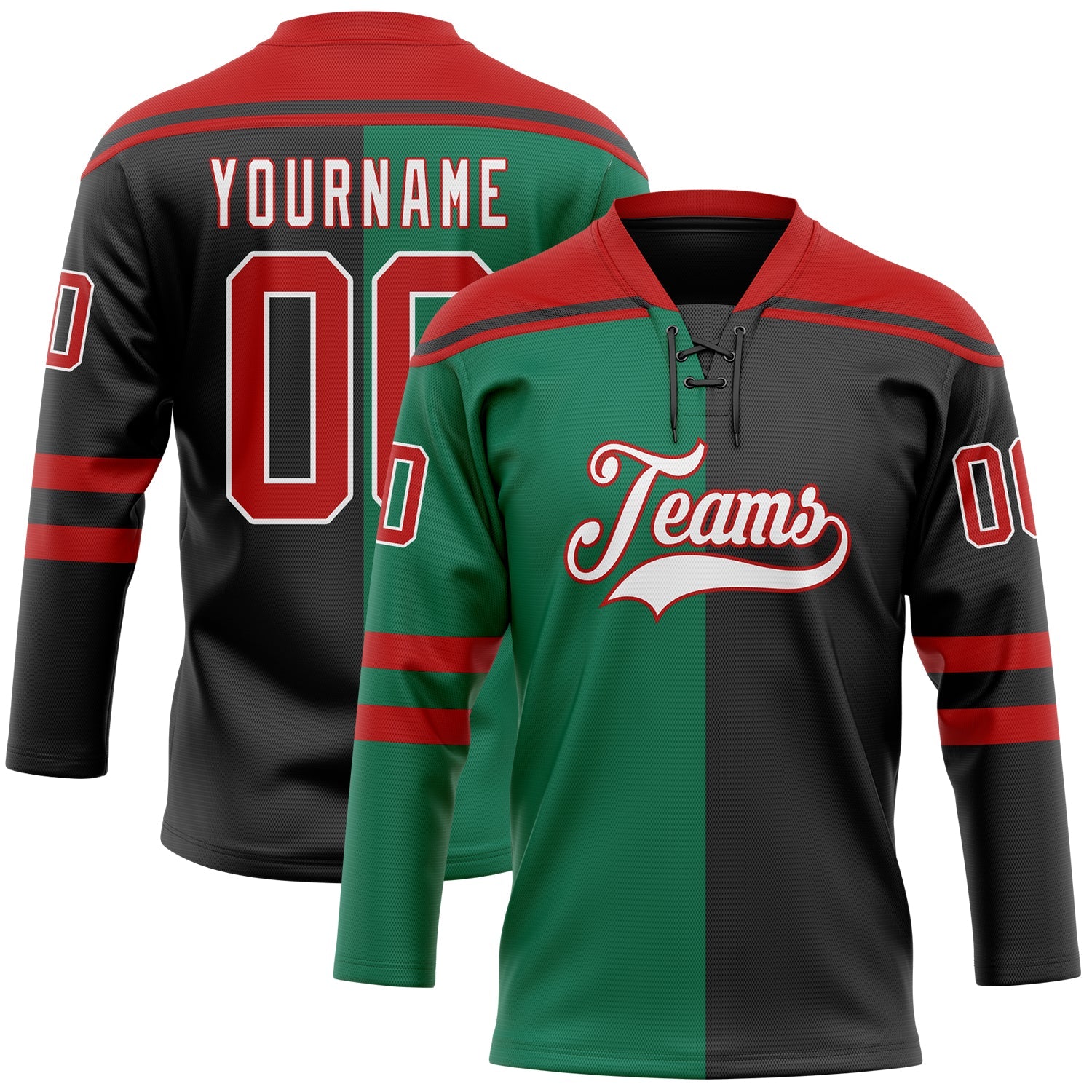 Custom Black Red Kelly Green-White Split Fashion Hockey Lace Neck Jersey - Main View