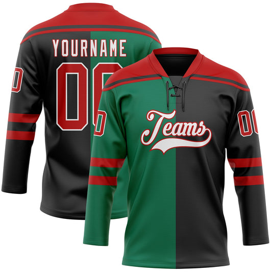 Custom Black Red Kelly Green-White Split Fashion Hockey Lace Neck Jersey - Main View
