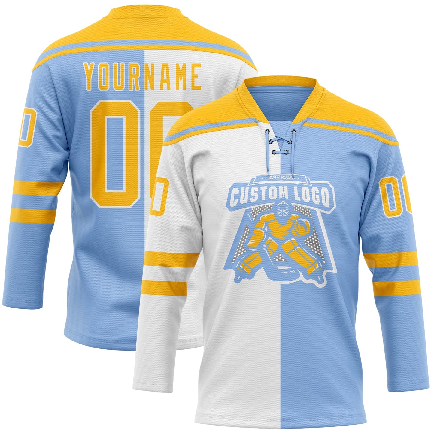 Custom Light Blue Gold-White Split Fashion Hockey Lace Neck Jersey view 2