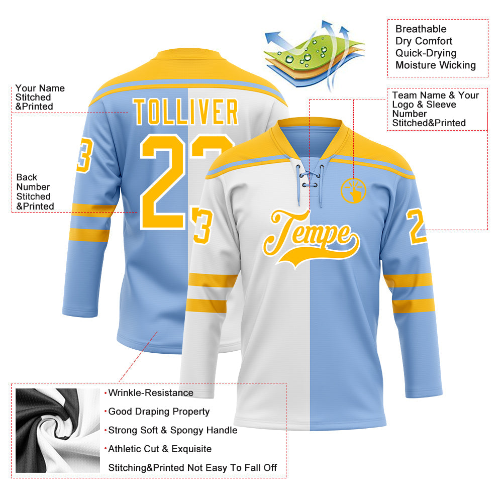 Custom Light Blue Gold-White Split Fashion Hockey Lace Neck Jersey view 5