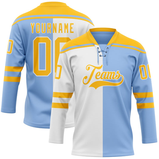 Custom Light Blue Gold-White Split Fashion Hockey Lace Neck Jersey - Main View
