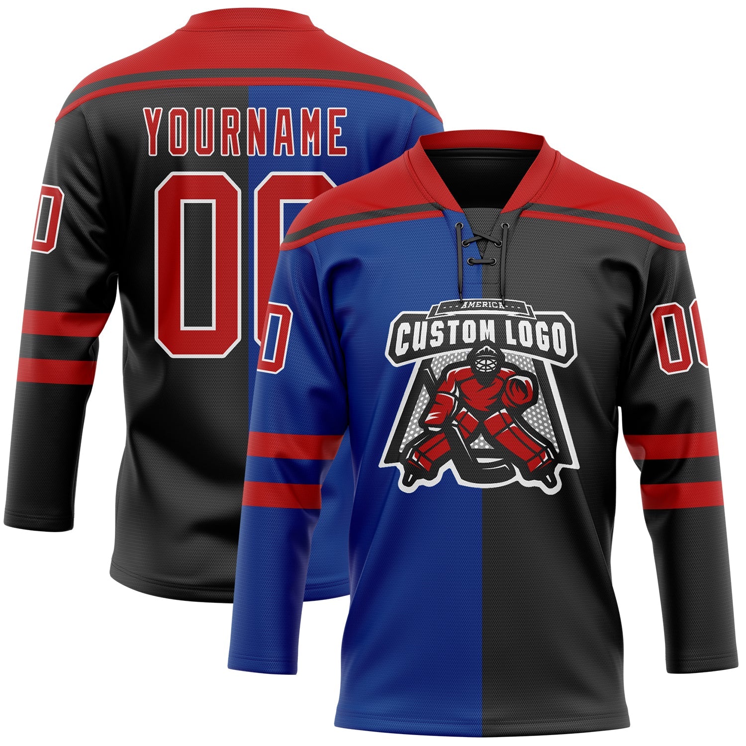 Custom Black Red Royal-White Split Fashion Hockey Lace Neck Jersey view 2