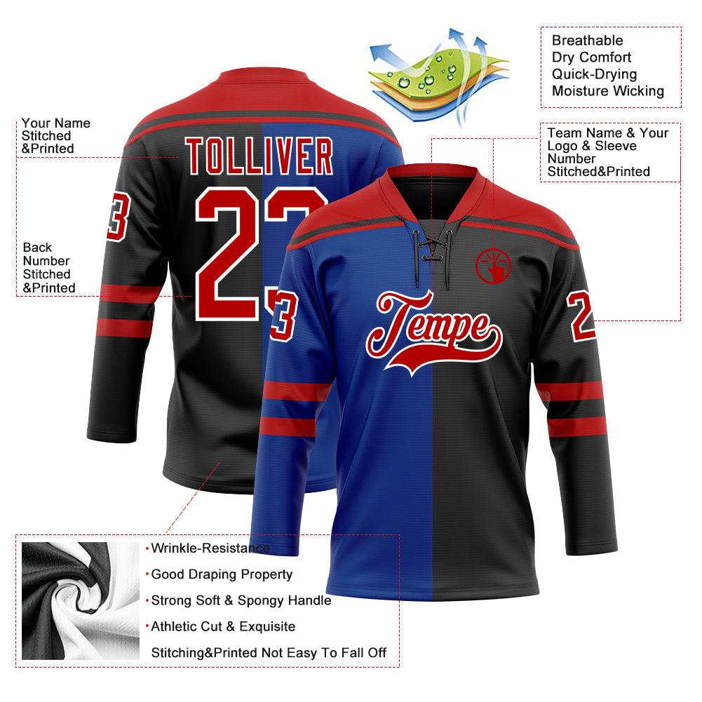 Custom Black Red Royal-White Split Fashion Hockey Lace Neck Jersey view 5