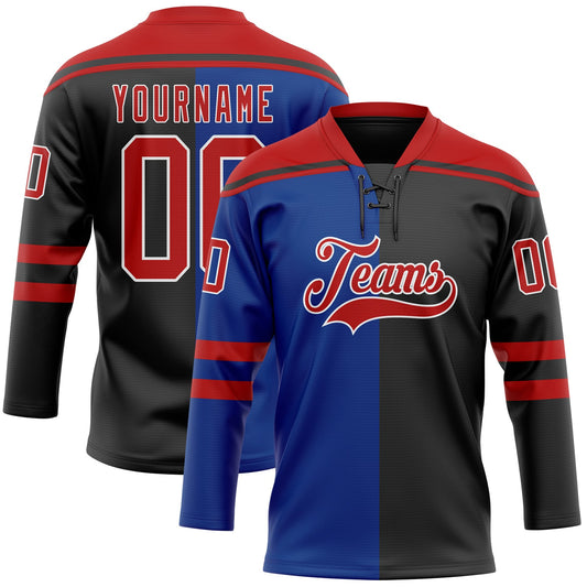 Custom Black Red Royal-White Split Fashion Hockey Lace Neck Jersey - Main View