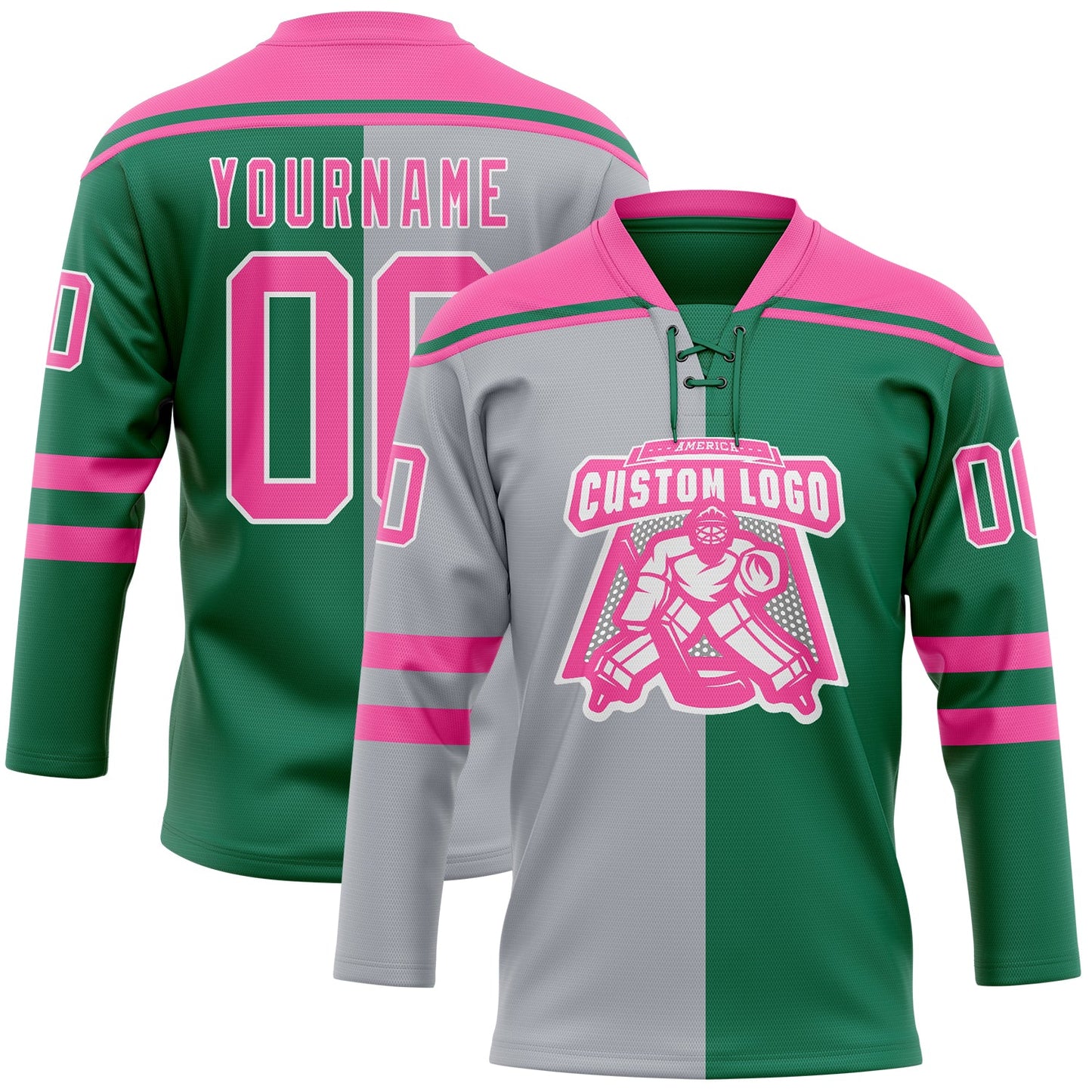 Custom Kelly Green Pink Gray-White Split Fashion Hockey Lace Neck Jersey view 2