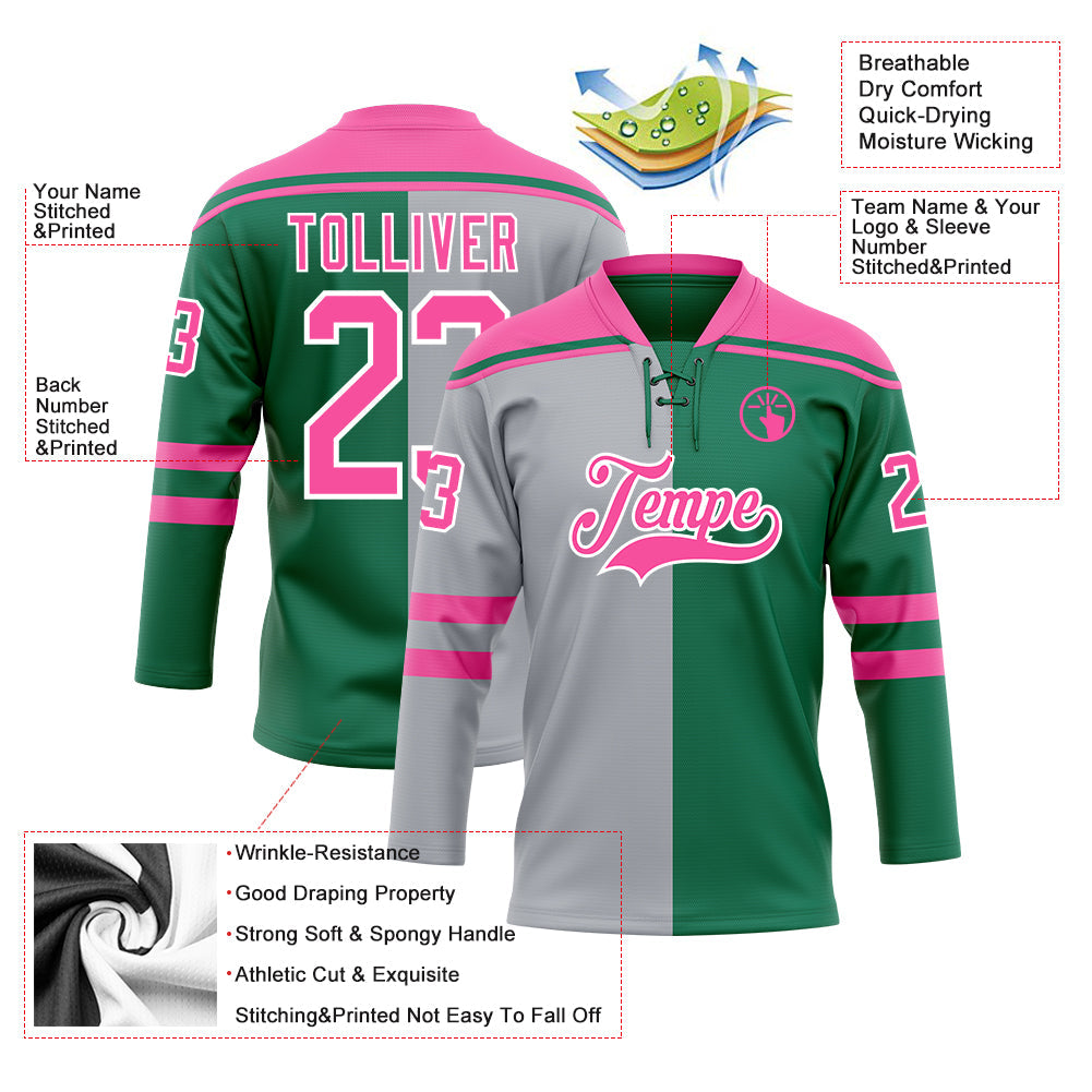 Custom Kelly Green Pink Gray-White Split Fashion Hockey Lace Neck Jersey view 5