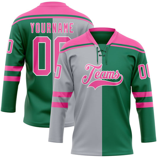 Custom Kelly Green Pink Gray-White Split Fashion Hockey Lace Neck Jersey - Main View