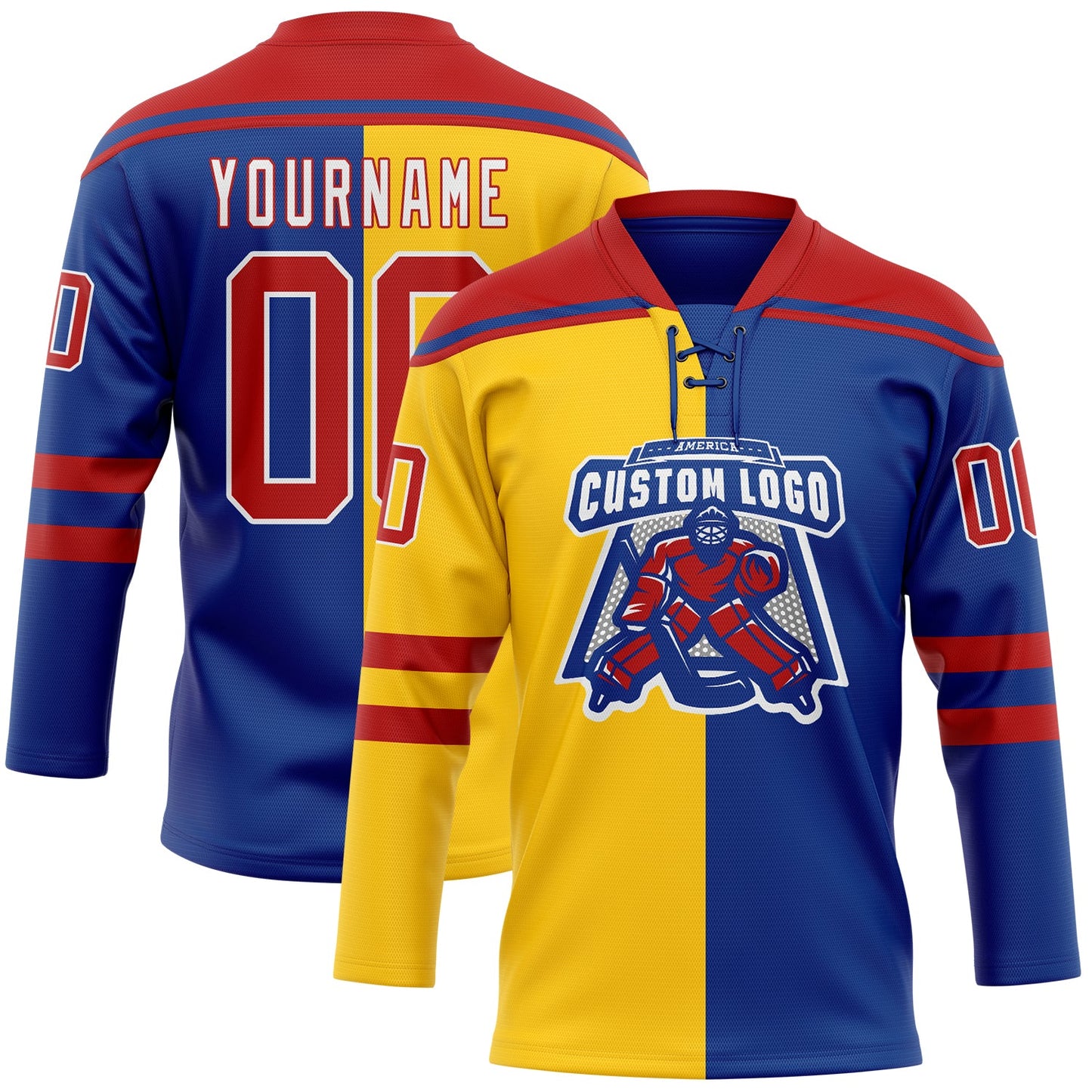 Custom Royal Red Yellow-White Split Fashion Hockey Lace Neck Jersey view 2
