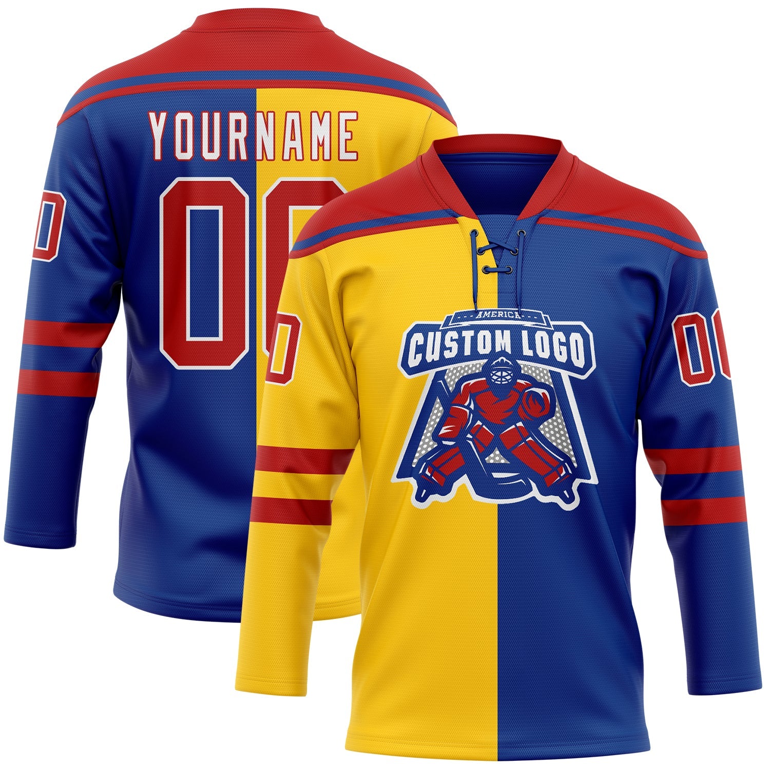 Custom Royal Red Yellow-White Split Fashion Hockey Lace Neck Jersey view 2