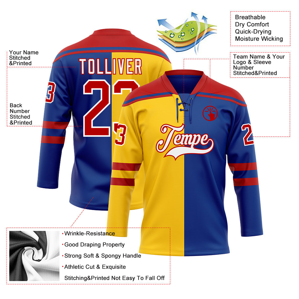 Custom Royal Red Yellow-White Split Fashion Hockey Lace Neck Jersey view 5