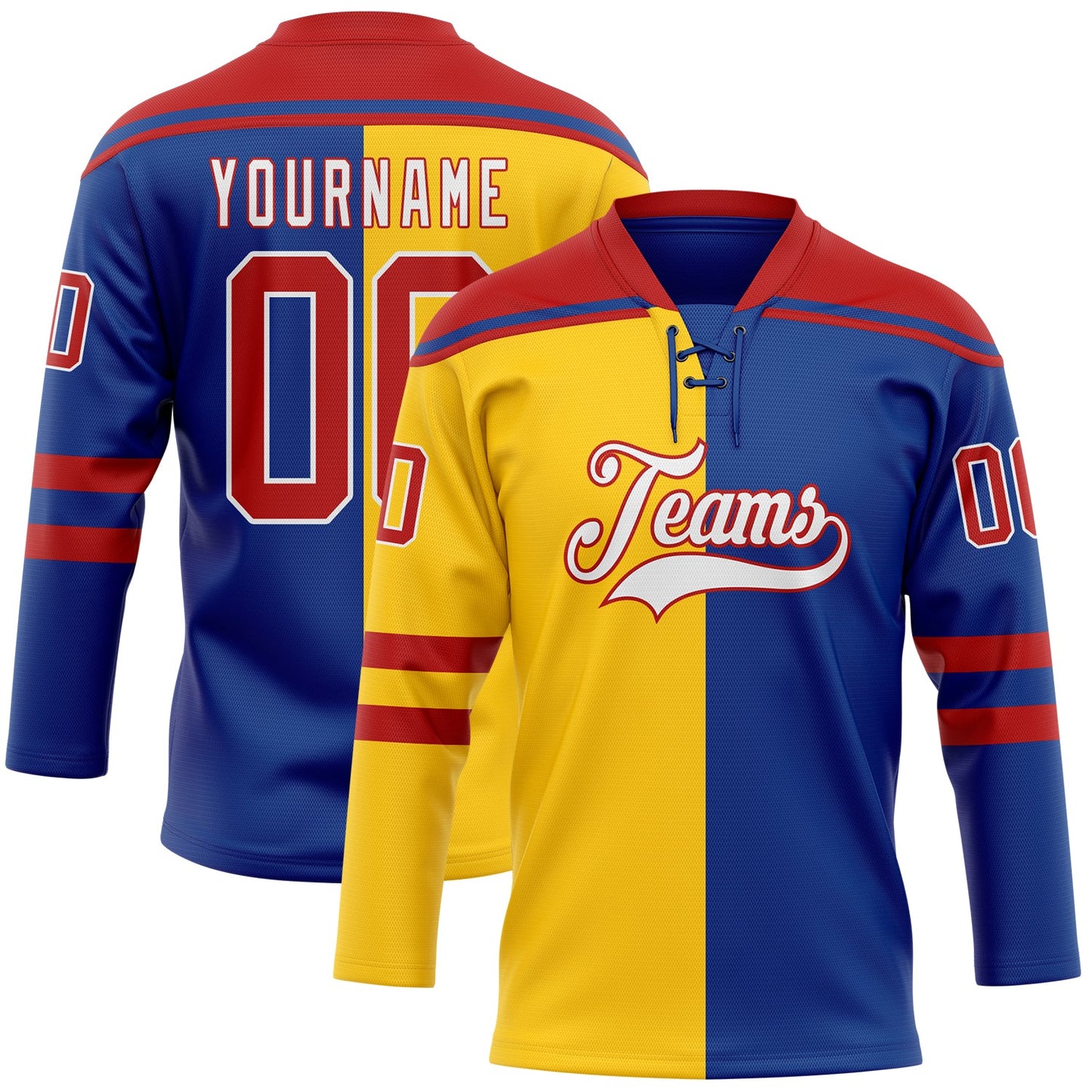 Custom Royal Red Yellow-White Split Fashion Hockey Lace Neck Jersey - Main View