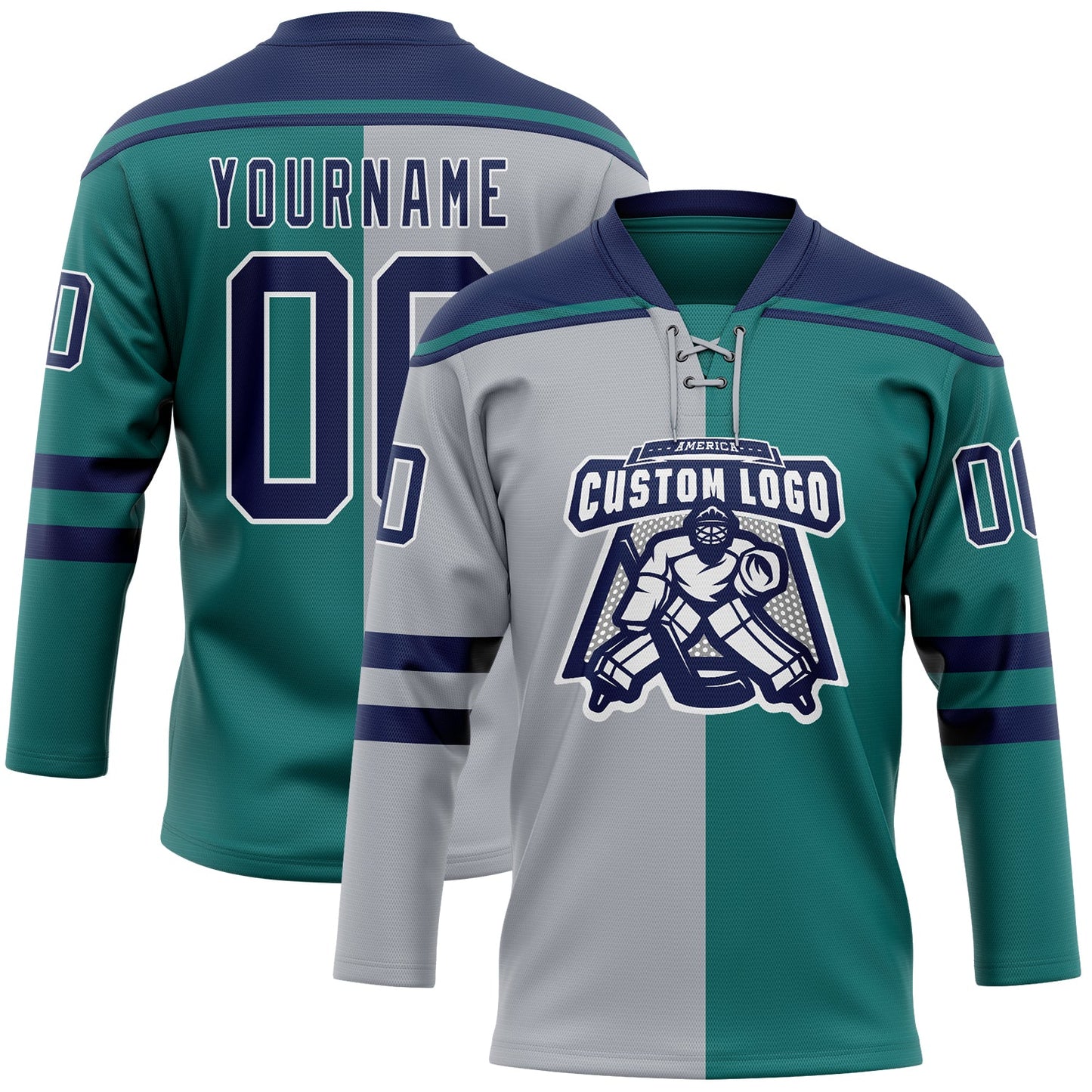 Custom Teal Navy Gray-White Split Fashion Hockey Lace Neck Jersey view 2
