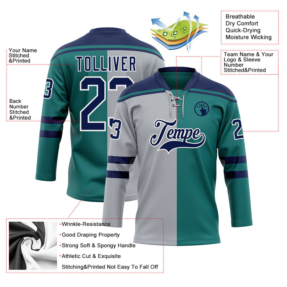 Custom Teal Navy Gray-White Split Fashion Hockey Lace Neck Jersey view 5