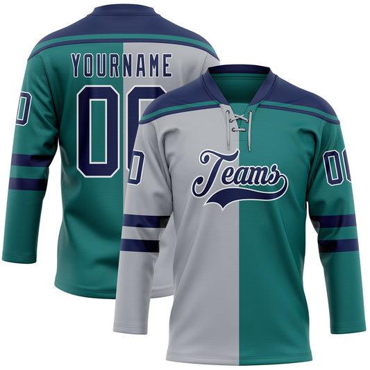 Custom Teal Navy Gray-White Split Fashion Hockey Lace Neck Jersey - Main View
