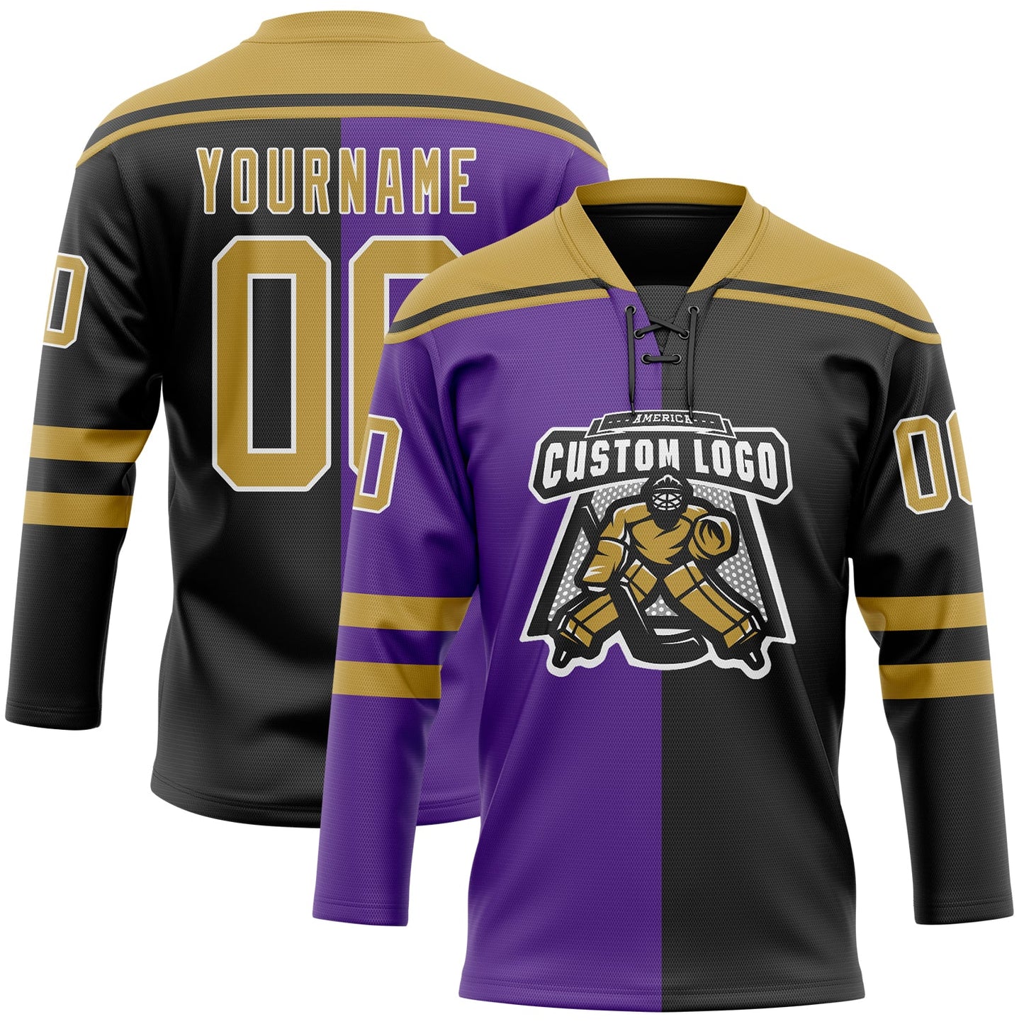 Custom Black Old Gold Purple-White Split Fashion Hockey Lace Neck Jersey view 2