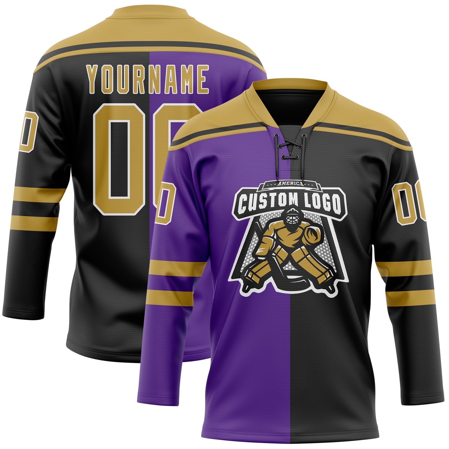 Custom Black Old Gold Purple-White Split Fashion Hockey Lace Neck Jersey view 2