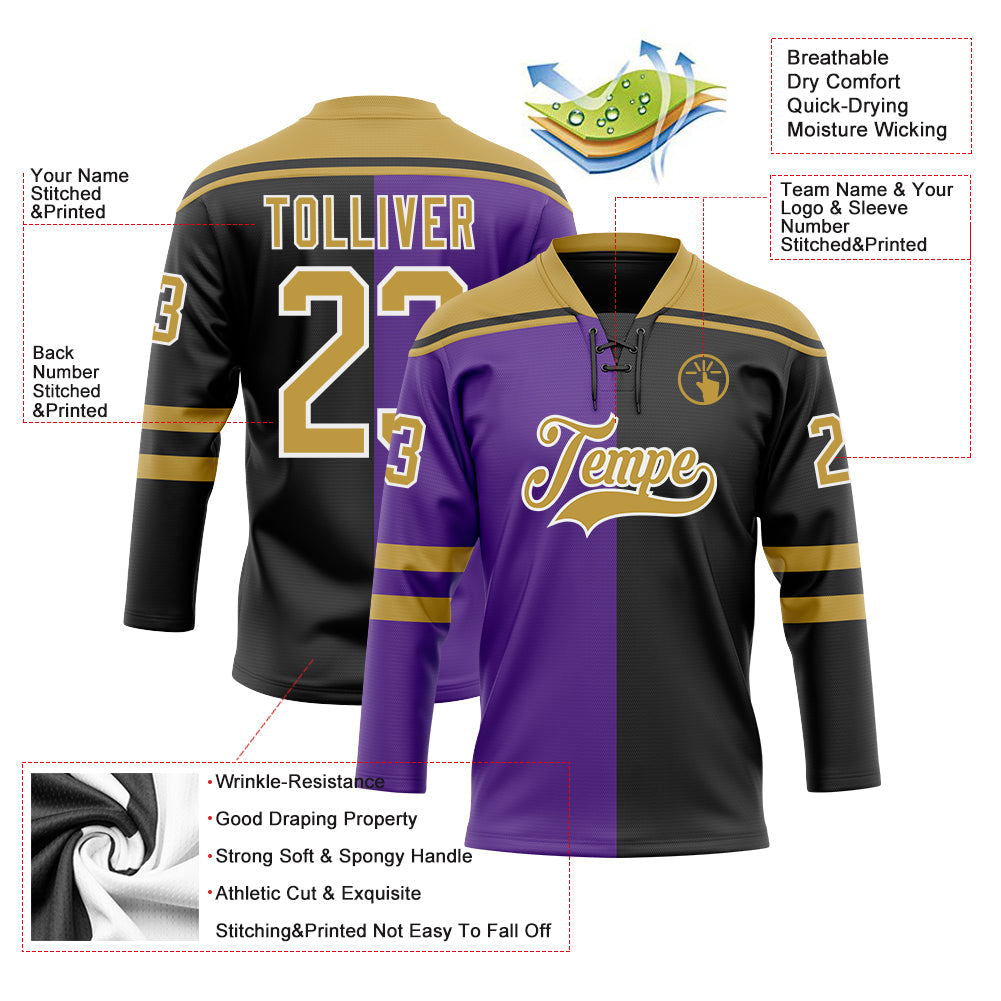 Custom Black Old Gold Purple-White Split Fashion Hockey Lace Neck Jersey view 5