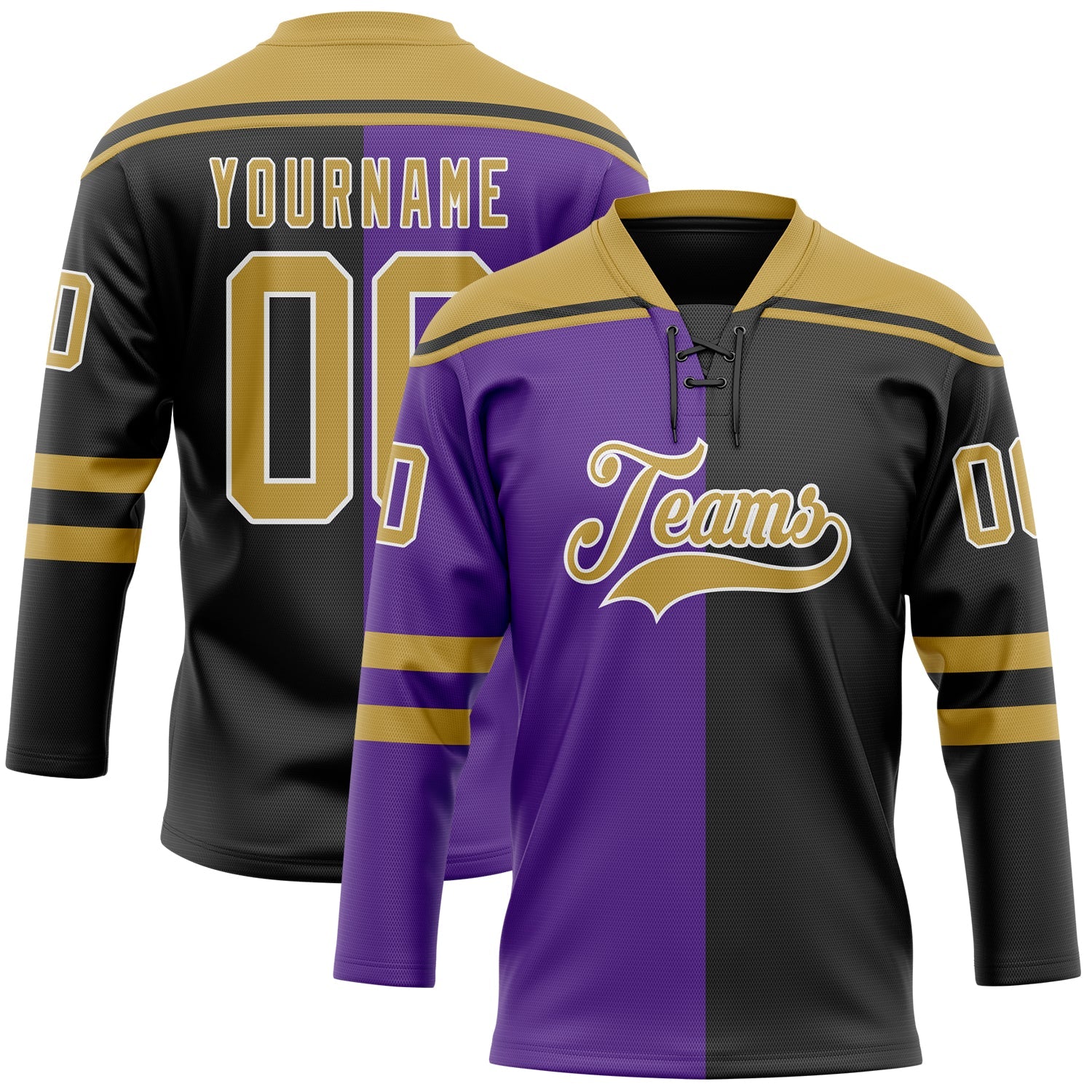 Custom Black Old Gold Purple-White Split Fashion Hockey Lace Neck Jersey - Main View