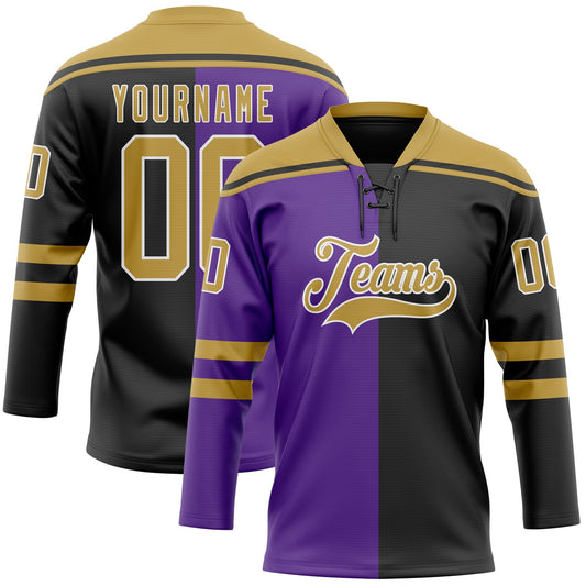 Custom Black Old Gold Purple-White Split Fashion Hockey Lace Neck Jersey - Main View
