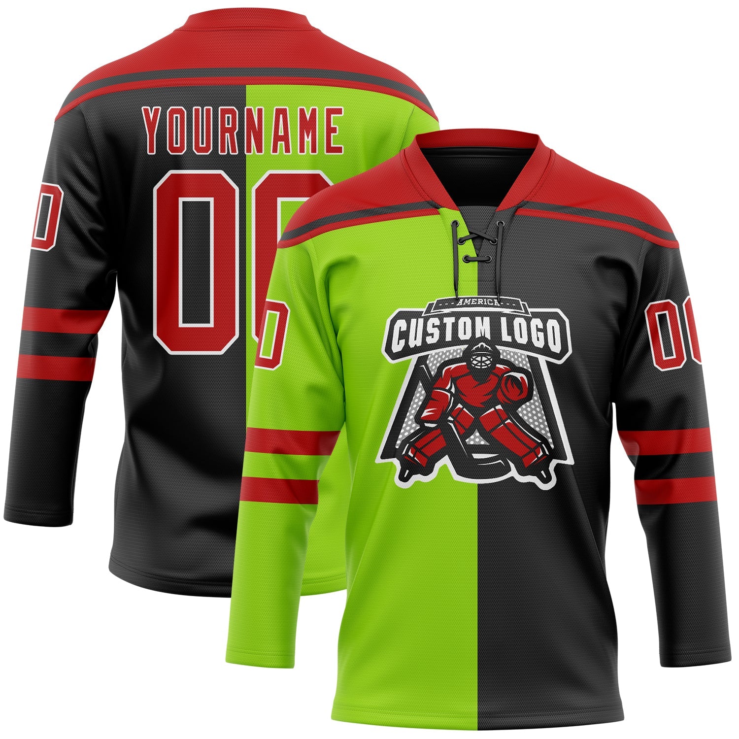 Custom Black Red Neon Green-White Split Fashion Hockey Lace Neck Jersey view 2