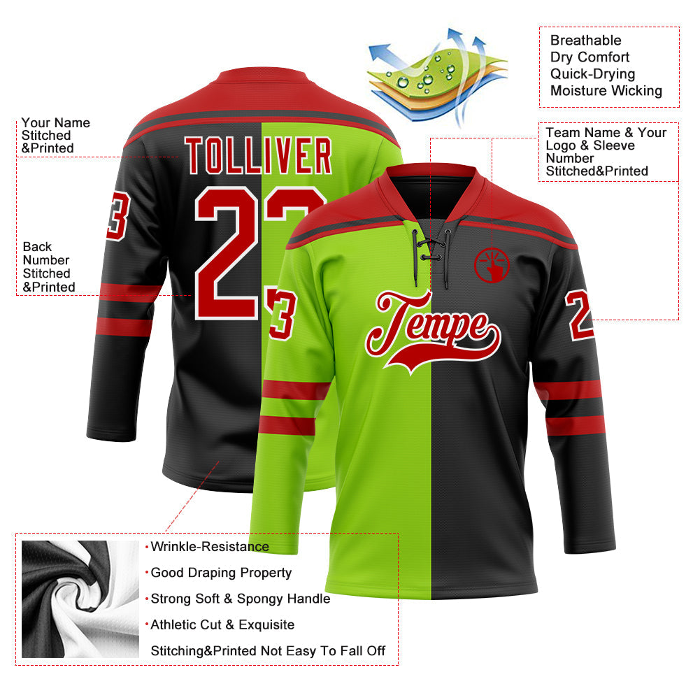 Custom Black Red Neon Green-White Split Fashion Hockey Lace Neck Jersey view 5