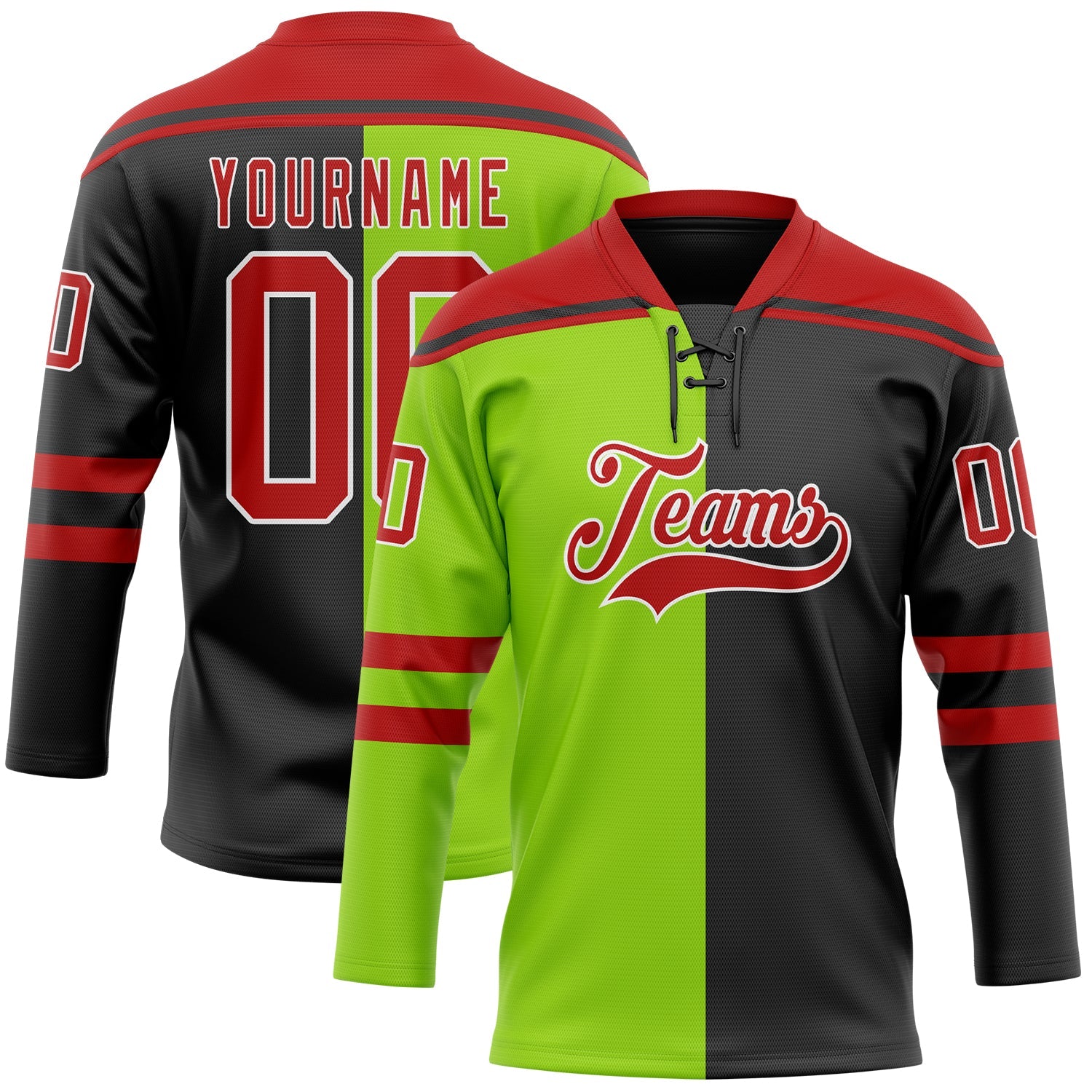 Custom Black Red Neon Green-White Split Fashion Hockey Lace Neck Jersey - Main View