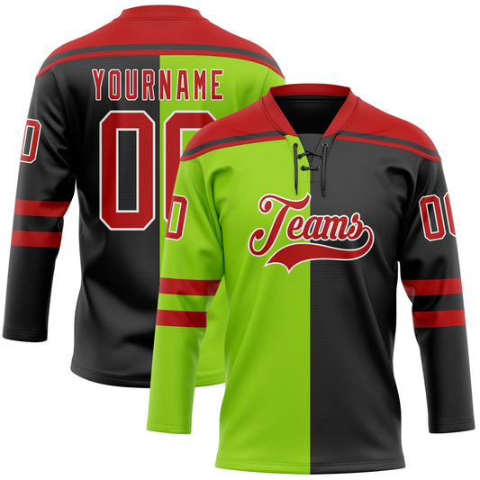Custom Black Red Neon Green-White Split Fashion Hockey Lace Neck Jersey - Main View