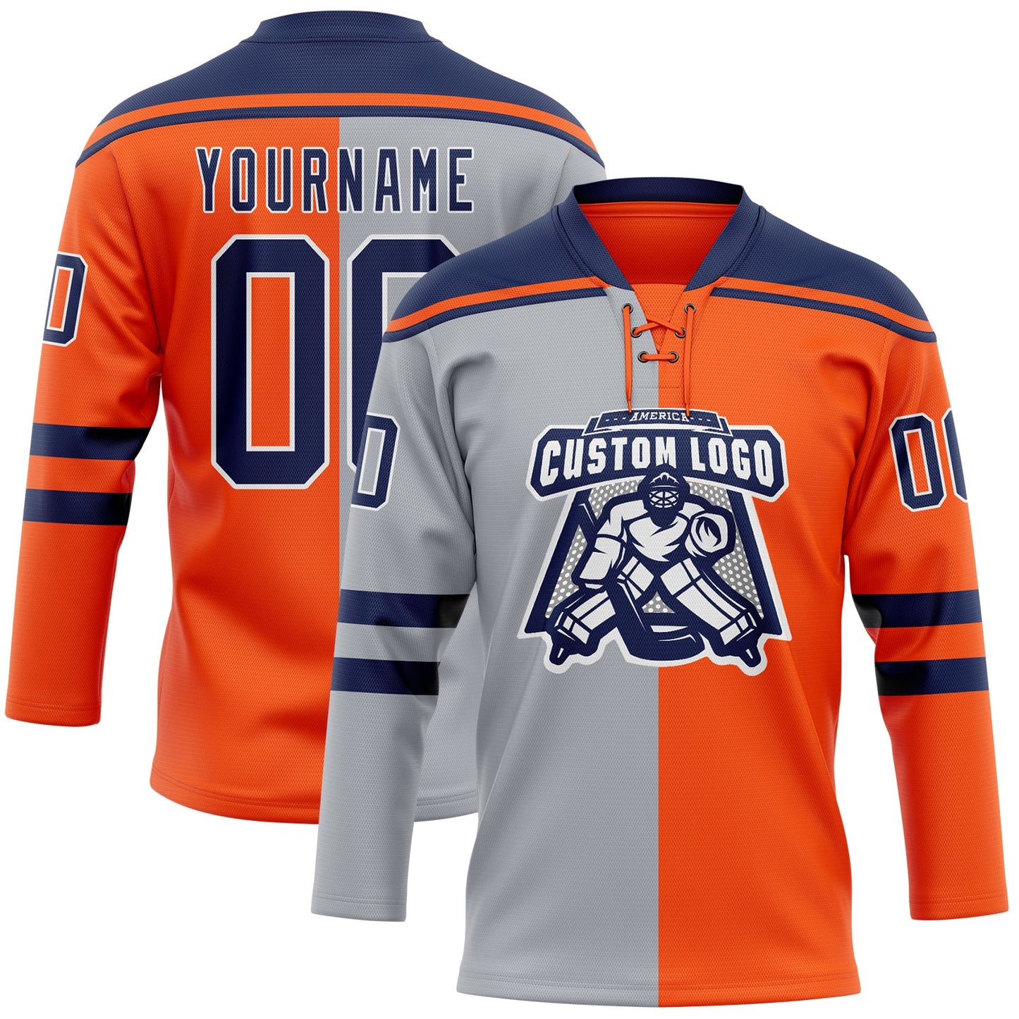 Custom Orange Navy Gray-White Split Fashion Hockey Lace Neck Jersey view 2