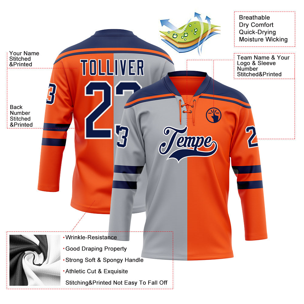 Custom Orange Navy Gray-White Split Fashion Hockey Lace Neck Jersey view 5