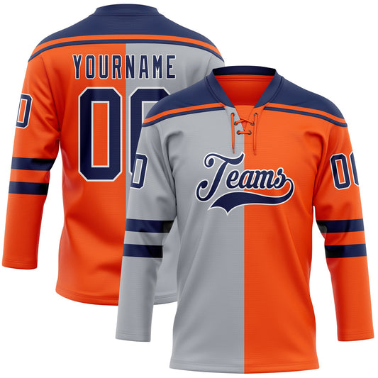 Custom Orange Navy Gray-White Split Fashion Hockey Lace Neck Jersey - Main View